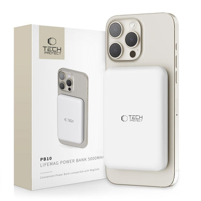 External Wireless Battery Tech-Protect PB10 LifeMag, 5000mAh, 15W, PD + FQI, 1 x QI - 1 x USB-C, White