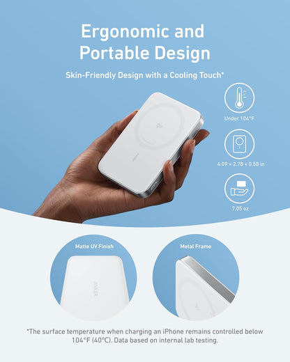 Anker MagGo Slim Wireless External Battery, 10000mAh, 30W, PD + FQI, 1 x QI - 1 x USB-C, White A1664H21 A1664H21 