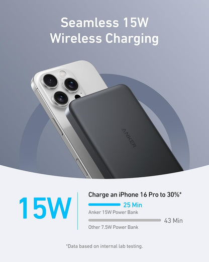 Anker MagGo Slim Wireless External Battery, 10000mAh, 30W, PD + FQI, 1 x QI - 1 x USB-C, Black A1664H11 